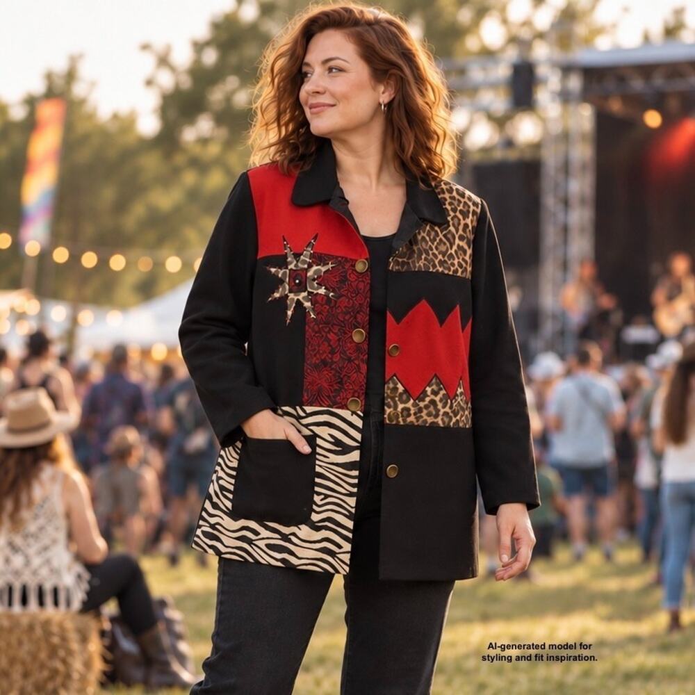 Indigo Moon Vintage Patchwork Jacket Red Black Leopard Zebra Art to Wear Size L